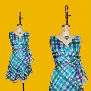 Y2K ANNA SUI Plaid SILK  Dress W/Adjustable Bow Ribbon & Ruffle Hem. Small